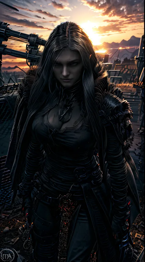 As the sun sets on the post-apocalyptic world, a fierce vampire huntress appears. Her sleek, black armor glistens in the fading light as she stalks her prey with deadly precision. With each step, her long, silver hair sways in the wind, a symbol of her pow...