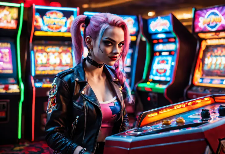 (Ultra-detailed,Realistic,Photorealistic:1.37), Energetic 80shair。。。。。。。, Harley Quinn plays Street Fighter fighting arcade game at a dimly lit Las Vegas casino, Punk fashion, Neon lights, retro aesthetic,  Colorful arcade game consoles, glowing screen, en...