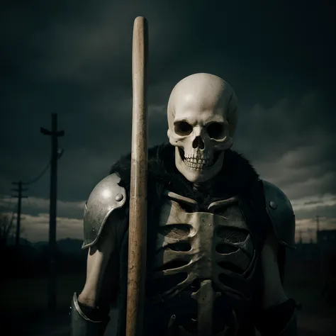 Skeleton melancholic gloomy with baseball bat with right hand holding on shoulder on the way, einen boss zu besiegen um sich heRum besiegte Skelette DARK Souls