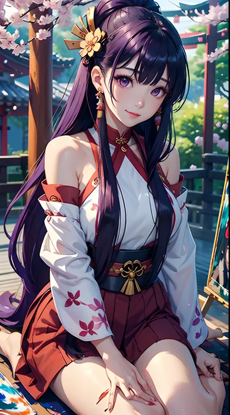 1girl, (ulzzang-6500:0.7), kpop idol, yae miko, detached sleeves, bare shoulders, purple hair, long hair, japanese clothes, best quality, (painting:1.5), (hair ornament:1.35), jewelry, purple eyes, earrings, breasts, torii,  cherry blossoms,  lantern light...