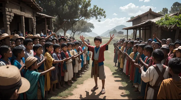 Show the young boy  sharing his expansive vision with the villagers and them rallying behind him.8k,uhd,ancient