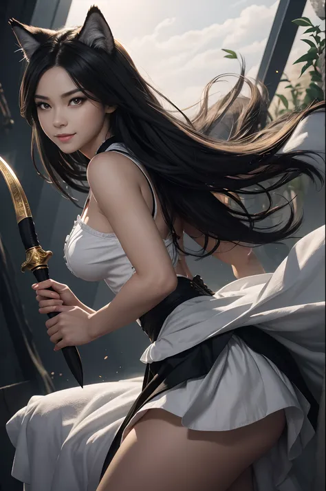 8K、The highest quality of photorealistic RAW photos。1.4)1人,(Caucasian girl werewolf) Personification of super beautiful small-breasted wolves(lifelike face) Wolf personification ,Short bob with black hair,Maid long skirt,Black and white maid costume,golden...