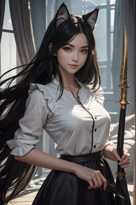 8K、The highest quality of photorealistic RAW photos。1.4)1人,(Caucasian girl werewolf) Personification of super beautiful small-breasted wolves(lifelike face) Wolf personification ,Short bob with black hair,Maid long skirt,Black and white maid costume,golden...