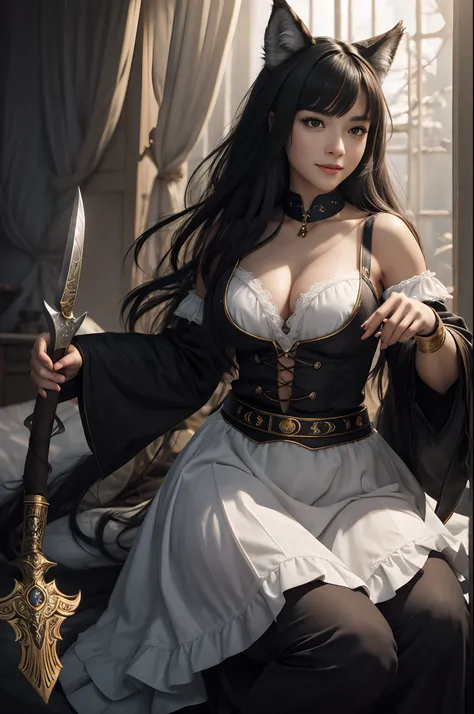 8K、The highest quality of photorealistic RAW photos。1.4)1人,(Caucasian girl werewolf) Personification of super beautiful small-breasted wolves(lifelike face) Wolf personification ,Short bob with black hair,Maid long skirt,Black and white maid costume,golden...