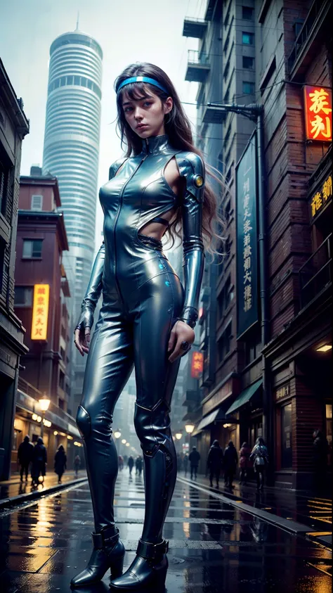 quality,ultra-detailed,photorealistic,robotic, 1girl,young swordswoman,slim body, (holding a glowing katana)), futuristic cyberpunk night city , outfit blending futuristic technology, (harsh urban environment:1.3), (masterpiece,cyberpunk style with Chinese...