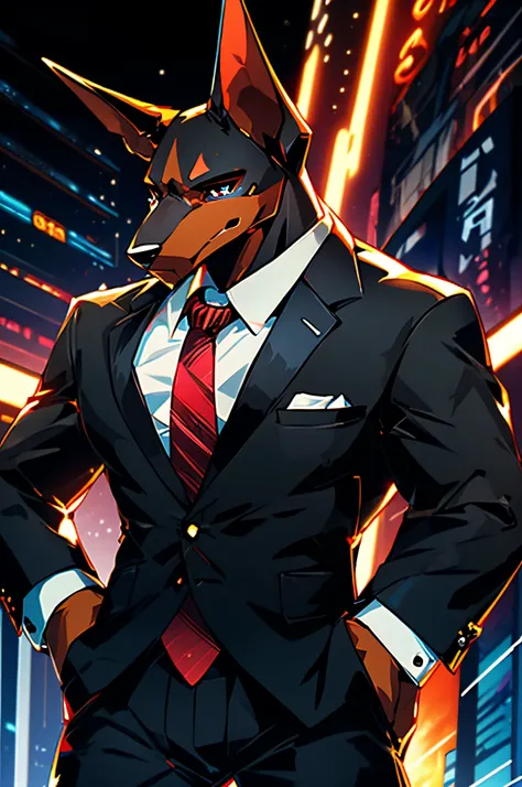 (man in black suit and tie)comic strip、anthropomorphic doberman dog、cyberpunked