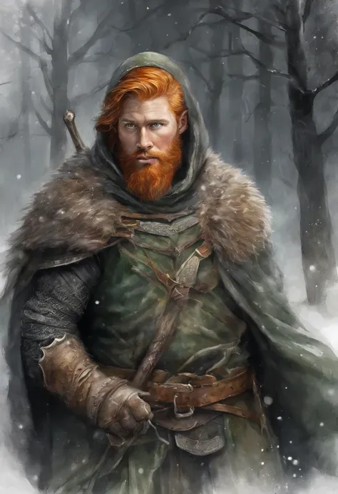 mysterious middle aged human male, short ginger hair, short ginger beard, scarred face, scars, detailed dark green eyes high details, grey scale armor, dark hooded cloak, dark fantasy, cinematic shot, yellow glow, frozen tundra background, medieval, master...