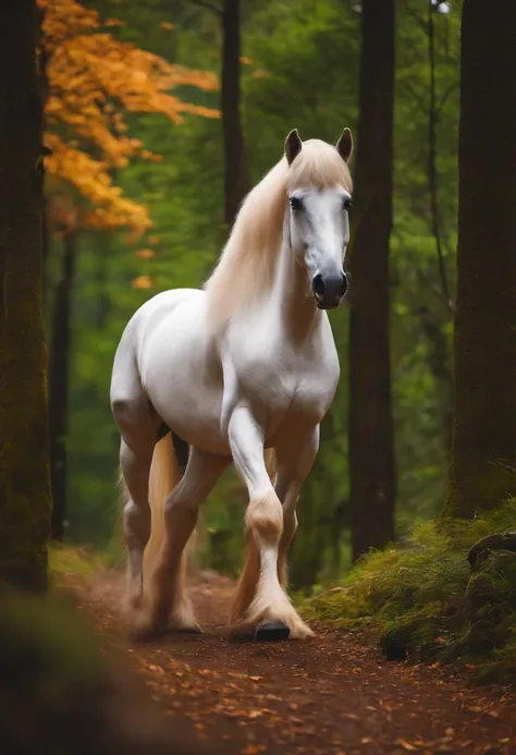 criar imagem em 4k, garota media, peitos grande, cabelo loiro comprido, altura 1,80m, japonesa, andando a cavalo, no meio da floresta