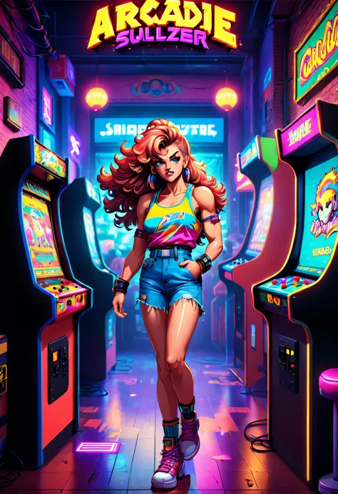 "nostalgic 80s hair, retro, arcade game, nostalgic setting, street brawler, pixel art, vibrant colors, neon lights, energetic atmosphere, arcade cabinet, high score challenge, urban street scene"