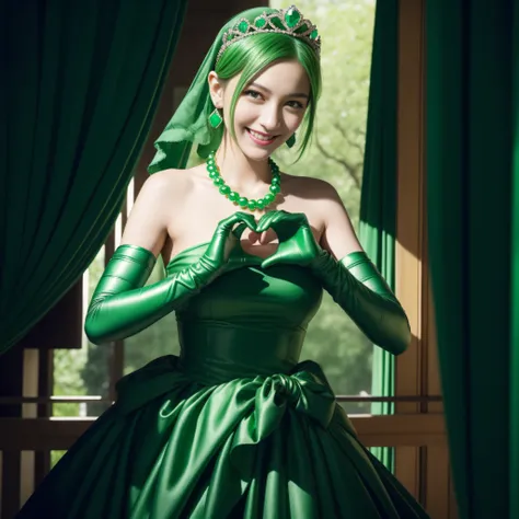 emerald tiara, Green Pearl Necklace, Boyish very short green hair, lipsticks, Japan woman smiling, very short short hair,  big breasts beautiful, Green eyes, Long green gloves made of satin material, Green eyes, Emerald Earrings, green vale, Heart with bot...