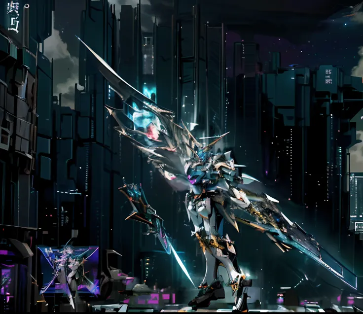 sky, cloudgalactic, holding_weapon_sword, glowing, building, glowing_eyes, gundam mecha with wings , science_fiction, city, real...