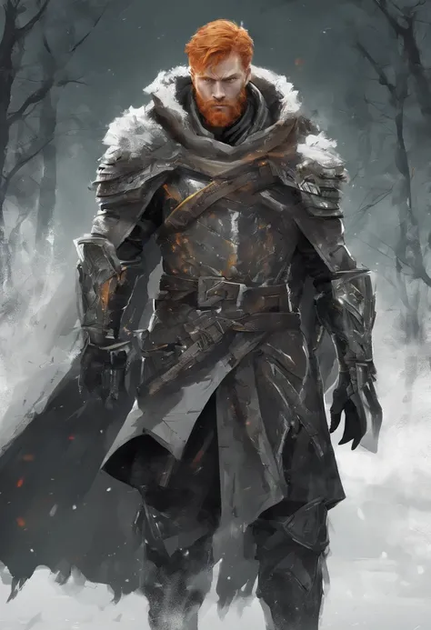 mysterious middle aged human male, short ginger hair, short ginger beard, scarred face, scars, detailed dark green eyes high details, grey scale armor, dark hooded cloak, dark fantasy, cinematic shot, yellow glow, frozen tundra background, medieval, master...