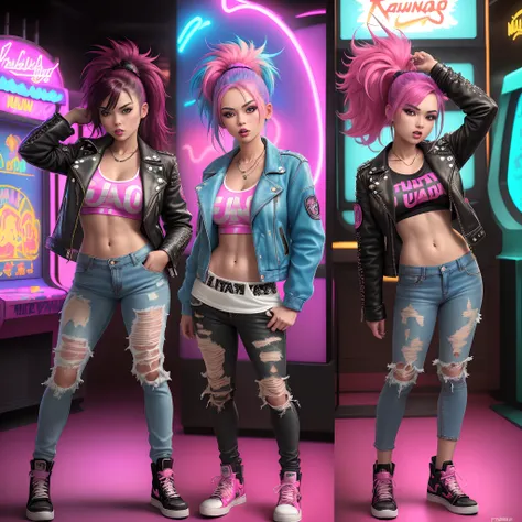 (Ultra-detailed,Realistic,Photorealistic:1.37), Energetic 80shair。, Girl playing arcade game in dim Las Vegas casino, Punk fashion, Neon lights, retro aesthetic, a vibrant atmosphere, graffiti-covered walls, Colorful arcade consoles, glowing screen, energe...