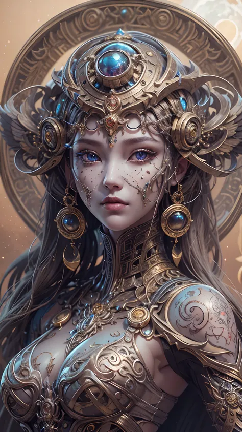 （best qualtiy，ultra - detailed，Most Best Illustration，Best shadow，tmasterpiece，A high resolution，professionalartwork，famousartwork），Detailed eyes，beautidful eyes，closeup cleavage，sci-fy，colored sclera，Robot eyes，face markings，Tattooed with，（fractalized，Fra...