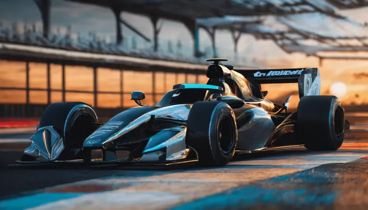 Professional Photography, Sharp Photo of a Formula 1 Race Car, Extremely Detailed, Sunrise, 8k, Realistic, Art Station Trend, Sharp Focus, Studio Photography, Intricate Details, Highly Detailed, Photorealistic, Neon Ambience, Oil black abstract, mecha gear...