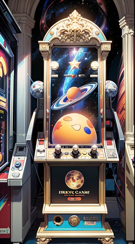 (intricate arcade machine float in the space,planet,black hole,starry sky:1.45),super high resolution and highly detailed art so...