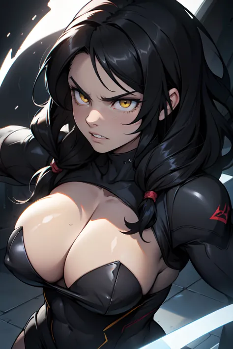 an angry muscular girl with long silky black hair and yellow eyes dark atmosphere pale skin huge breasts close up