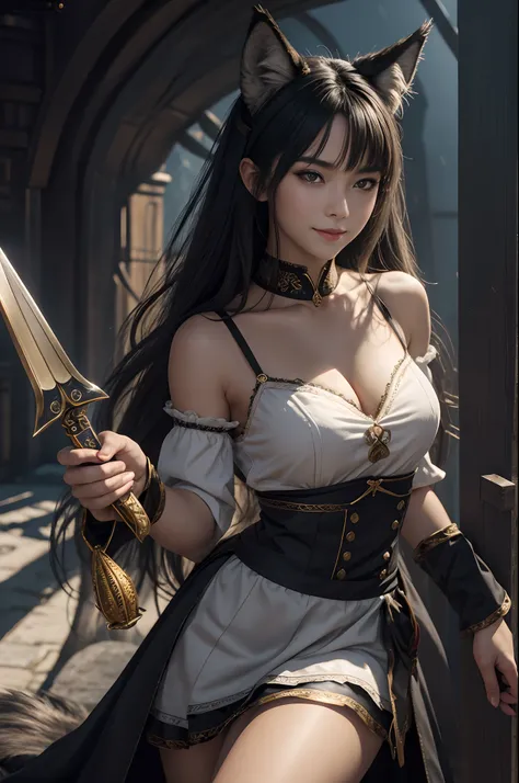 8K、The highest quality of photorealistic RAW photos。1.4)1人,(Caucasian girl werewolf) Personification of super beautiful small-breasted wolves(lifelike face) Wolf personification ,Short bob with black hair,Maid long skirt,Black and white maid costume,golden...