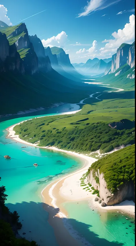 (an extraordinary magical landscape),(best quality, ultra-detailed),(best illumination, best shadow),dramatic sky,impressive mountains,crystal-clear river,endless green forest,warm sunlight,flowing grass,sparkling ocean,white sand beach,vivid colors,high s...