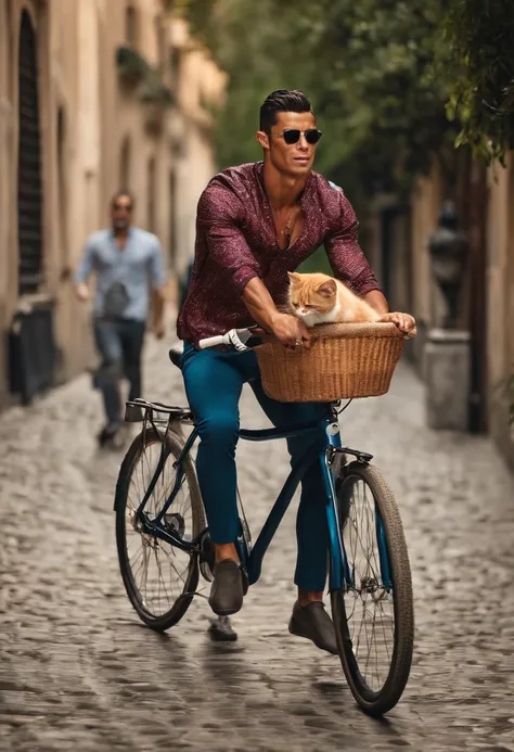 Cristiano Ronaldo rides a bicycle carrying a cat