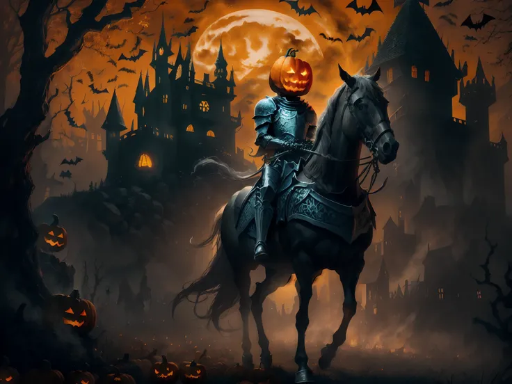 arafed knight on a horse with a pumpkin on his head, scary knight, pumpkin head, halloween art style, man in horse costume, halloween, evil knight, halloween atmosphere, halloween theme, darksiders halloween theme, halloween night, halloween scene, jack - ...