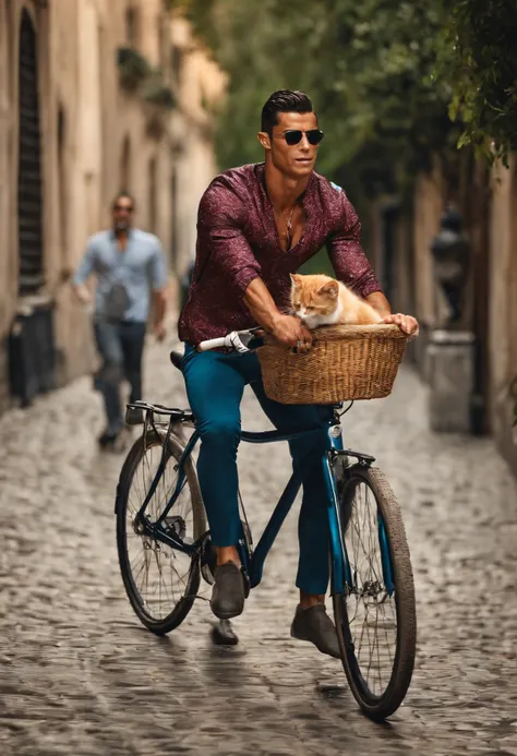 Cristiano Ronaldo rides a bicycle carrying a cat