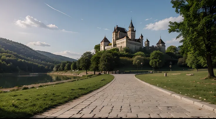 A beautiful image of 15th century Romania with a stone floor with a castle in the background, realista,