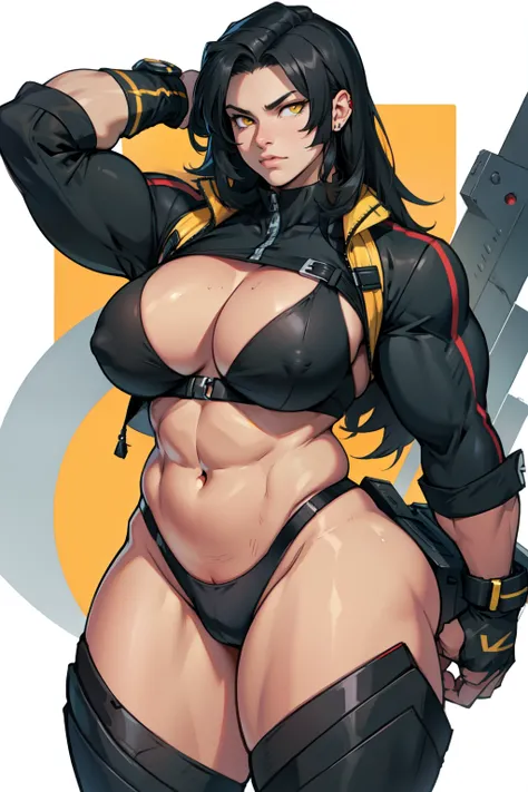 muscular thick thighs huge breasts black hair yellow eyes