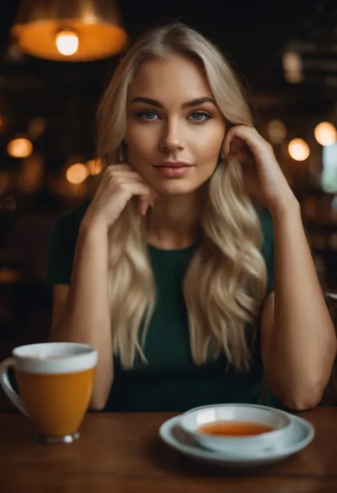 Very beautiful 22 year old blonde wearing a t-shirt looking straight into the camera sitting in a restaurant drinking tea