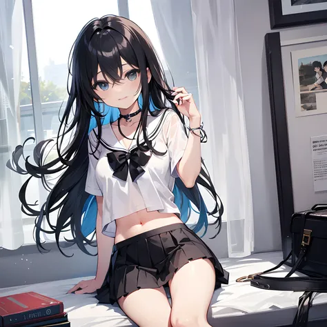 Beautiful illustration、top-quality、Handsome girl，Hair between the eyes、Random actions，Random scenes，Black color hair，choker necklace，gyuru，（White color blouse），（Translucent top），long whitr hair、(((Black pleated skirt)))、（does not wear panties），Not wearing ...