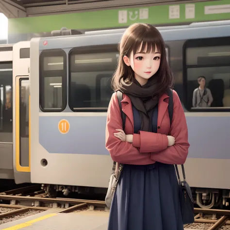 Girl waiting for a person at the station in spring