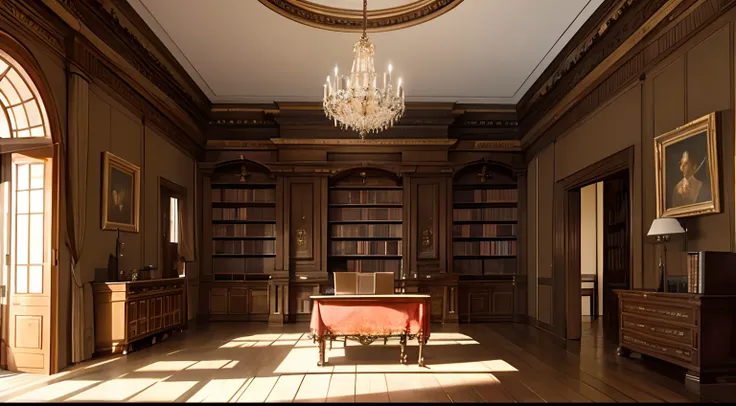 Stepping into a grand library with and desk by the doorway, bookcase, 2nd floor, Point of viewing from by desk