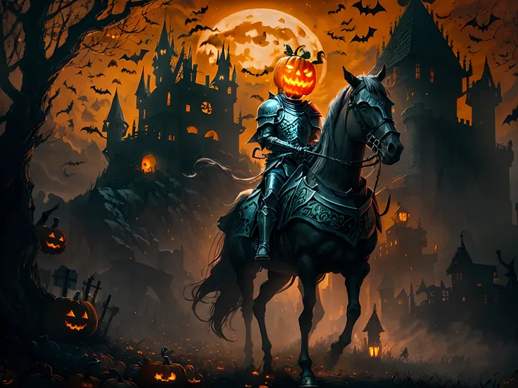 arafed knight on a horse with a pumpkin on his head, scary knight, halloween art style, man in horse costume, evil knight, pumpk...