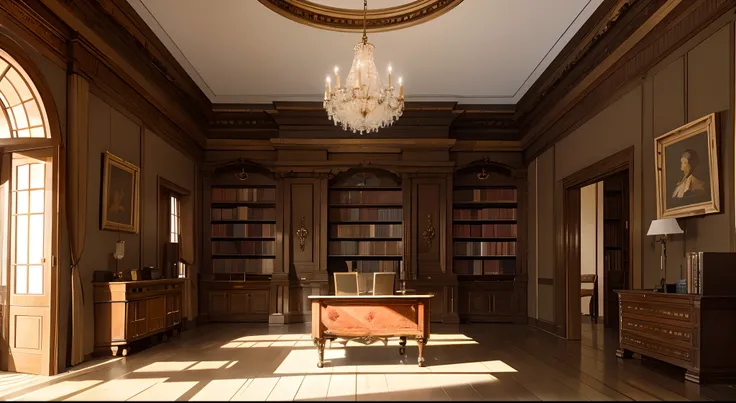 Stepping into a grand library with and desk by the doorway, bookcase, 2nd floor, Point of viewing from by desk