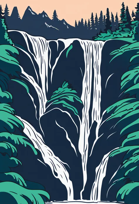 /Imagine Prompt: Waterfall illustration for banner on white background, bold outline style, irregular, Trashcore, light shading