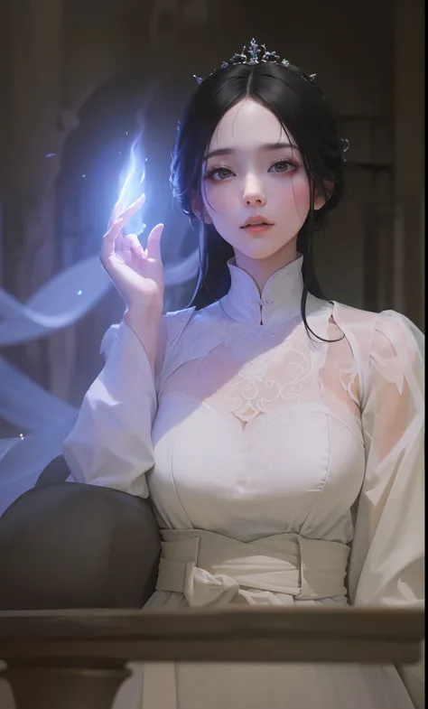 There is a woman in a white dress who uses magic，A woman who is，Black color hair，No bangs，（Exquisite masterpiece），8K，4K，longer sleeves，expressiveless，Serious，White Hanfu