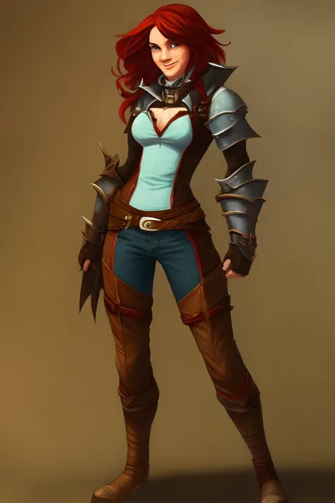 Fantasy style cute tomboy rogue wearing skimpy leather armor.   She has red hair and freckles.  She has a sly smile