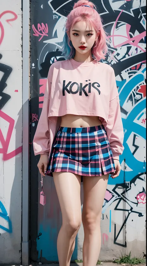 best quality, Clarity, 4k, 8k, detail, actual, Beautiful Girl, Korean makeup, Red lips, pink and blue hair, Perfect body, thigh, stand, pose standing, medium chest, Graffiti crop top, Checkered striped skirt, Solid graffiti wall background, Graffiti art,