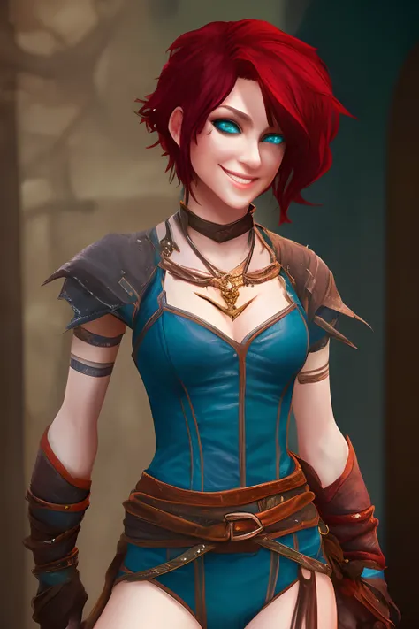 Fantasy style cute tomboy rogue wearing skimpy leather armor.   She has red hair and freckles.  She has a sly smile