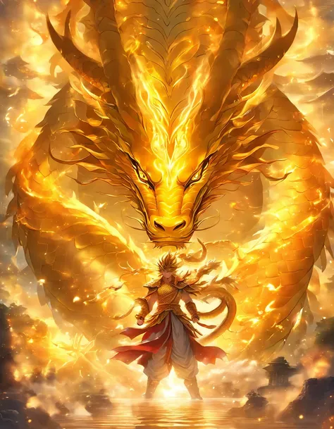 「Make an illustration of the golden dragon god。Long as a snake、Heading Up、Shōryū、Sunny sky、spiritual、Spirit、chakra、Spiritual world、Fantastical」