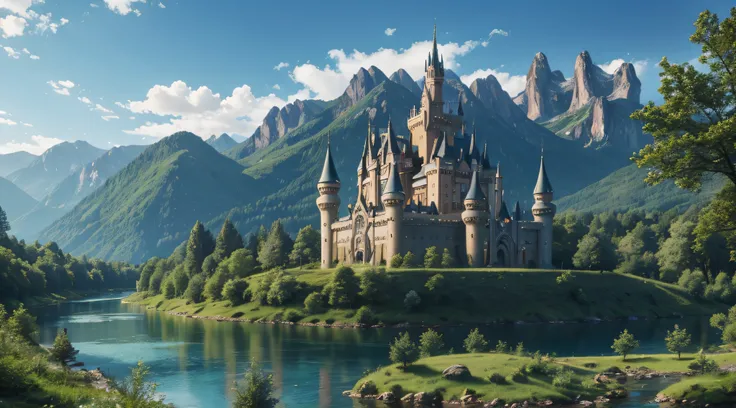 scenery. Castle in the mountains with tall spires and openwork balconies, Calm River, Green forest with berry bushes, Fairytale Creatures