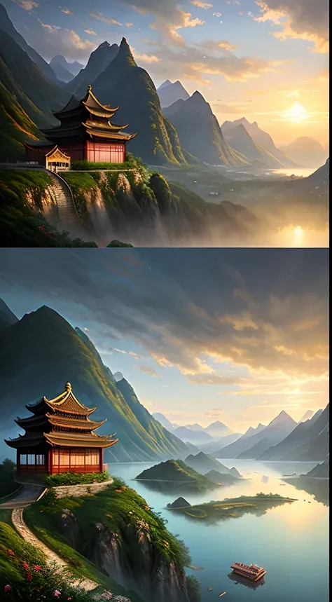 Realistic in the morning, Chinese buildings in the mountains, magnificent, John Howe landscape, lake, china, dragon, clouds, farm, fairy tale wlop, light effect, dream, Greg rutkowski, artstation