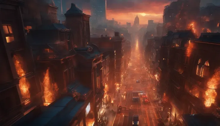 an image of a city, seen from the air, fire, police sirens, futuristic style, in its streets. anime style