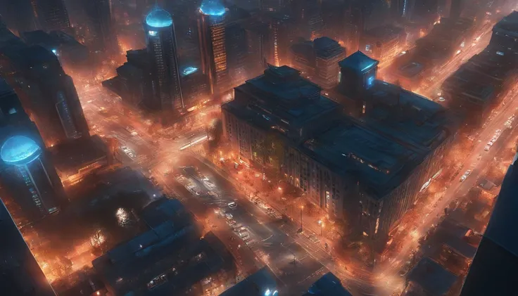 an image of a city, seen from the air, fire, police sirens, futuristic style, in its streets. anime style