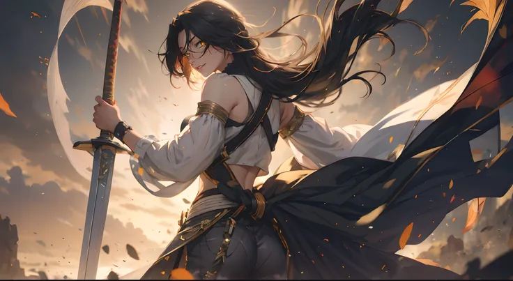 dominique_de_sade, (long hair, black hair:1.5), yellow eyes, sweating, glowing eyes, heavy breathing, female focus, sword, holding, solo, wide_sleeves, 1girl, black_hair, holding_sword, bare_shoulders, detached_sleeves, looking_at_viewer, long_sleeves, sta...