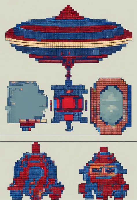 Circular UFO seen from above、The outer right half is red、Blue outer left half、Gray in the middle、2D。Vertical scrolling shooter boss