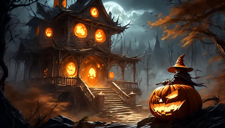 enter a world of epic battles and mythical creatures, (((phantom of a jack-o-lantern and wizard:1.3))), ((magic world:1.2)), (legends unfolds before:1.1), combines the ancient and medieval eras filled with a dark and fantastical atmosphere, good battle, da...