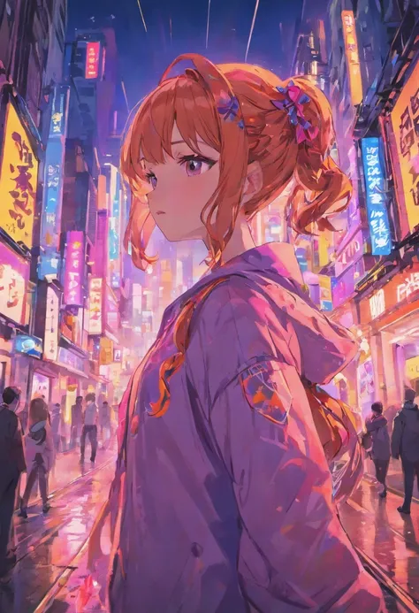 an anime girl with braids in the neon streets of tokyo