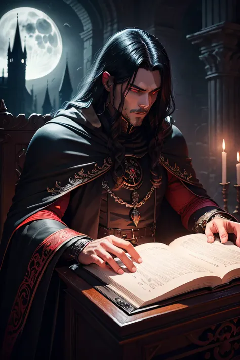 dark muscular male evil lord with long black hair wearing black and red cloak playing the organ inside his dark castle, moonlight, dark atmosphere