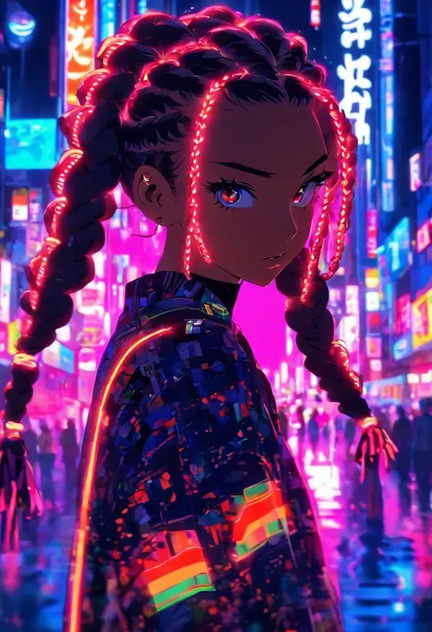 an anime girl with braids in the neon streets of tokyo